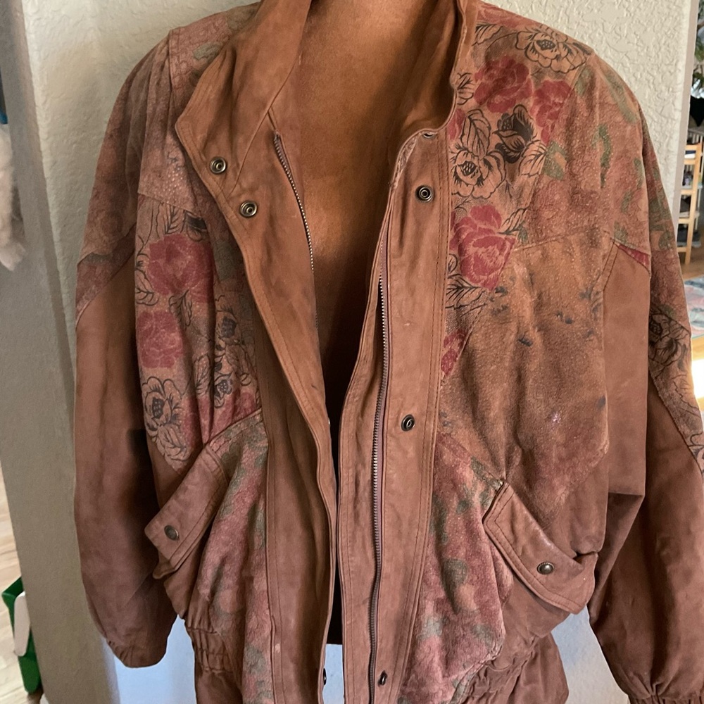 VINTAGE Floral Brown Leather Jacket